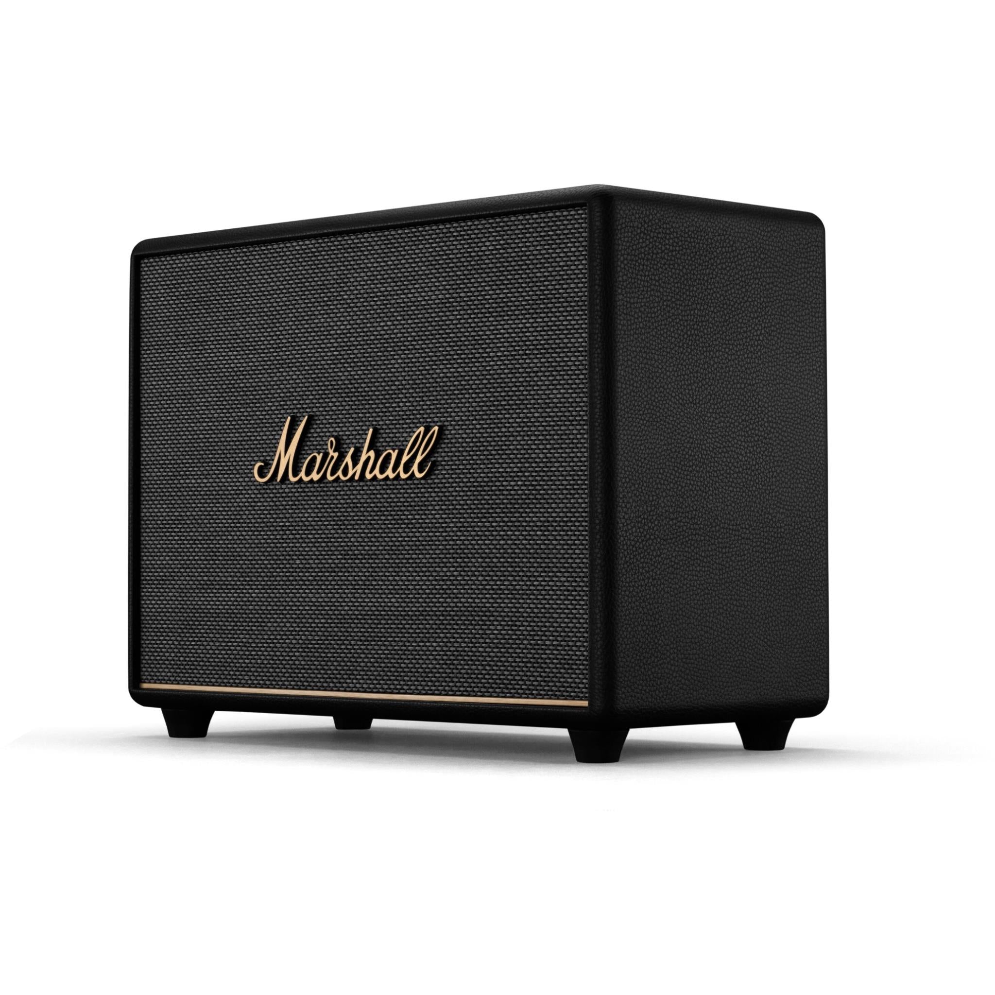 Black Bluetooth speaker with side panel and Marshall logo on the front grille