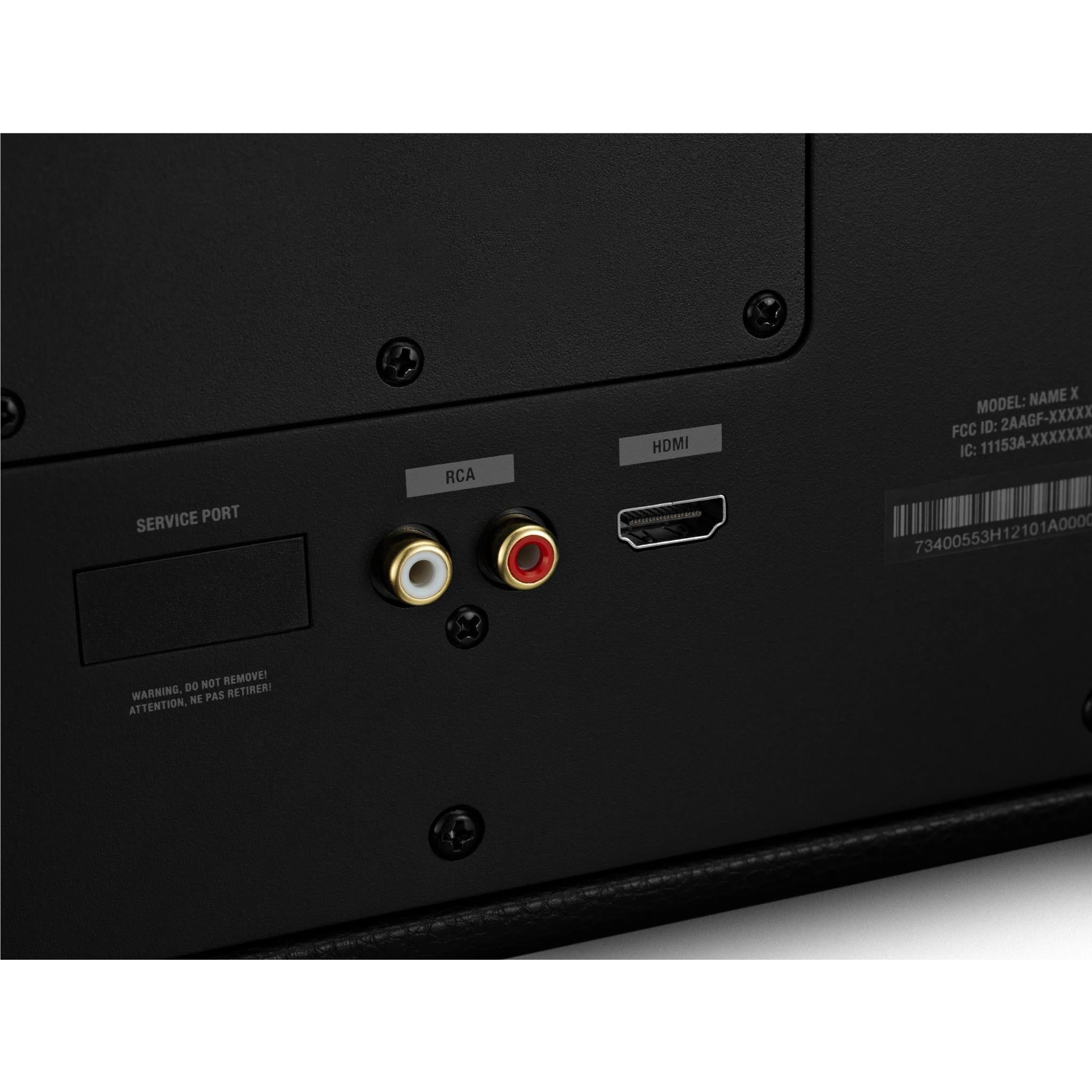 Black Marshall Bluetooth speaker rear panel with RCA and HDMI ports, service label