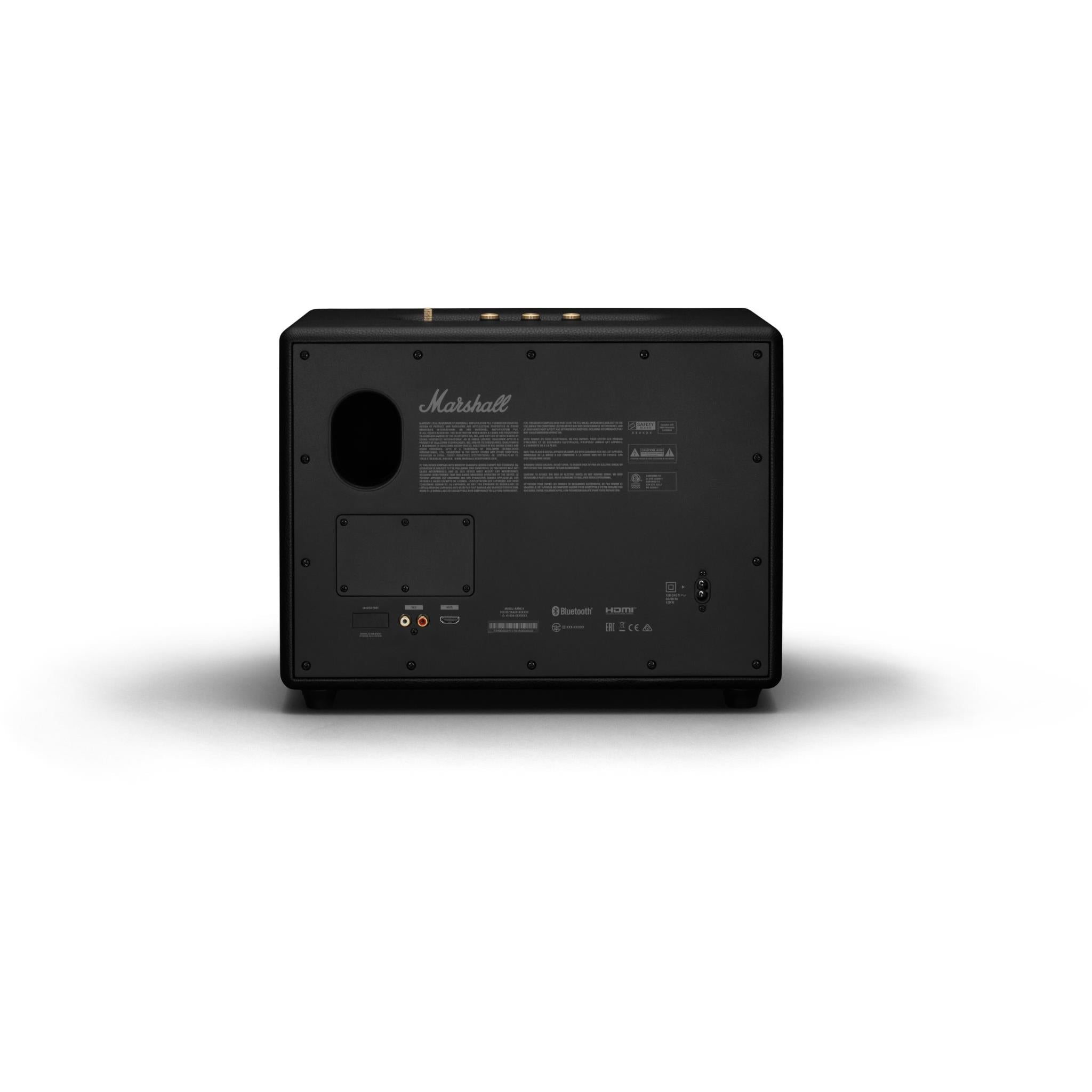 Black Marshall Bluetooth speaker back view with port panel and control knobs