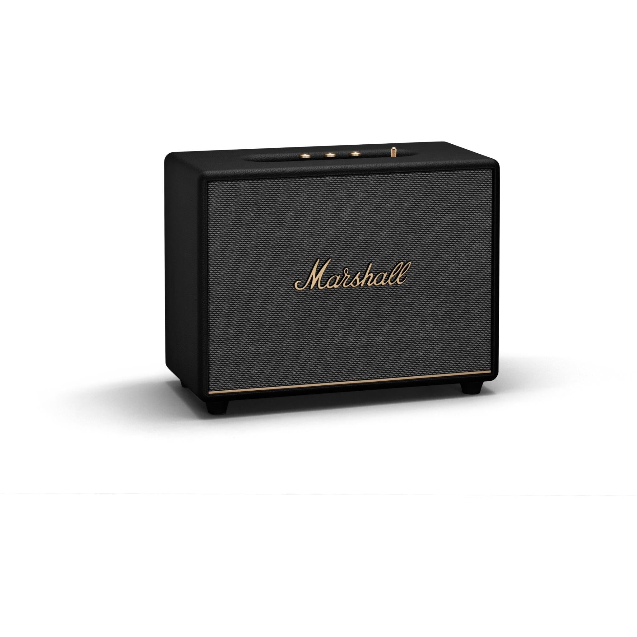 Black portable speaker with fabric grille, Marshall logo, and top control bar