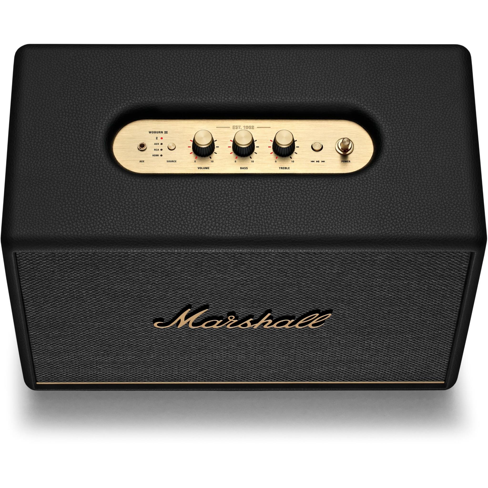 Black speaker with gold control panel and knobs on the top face