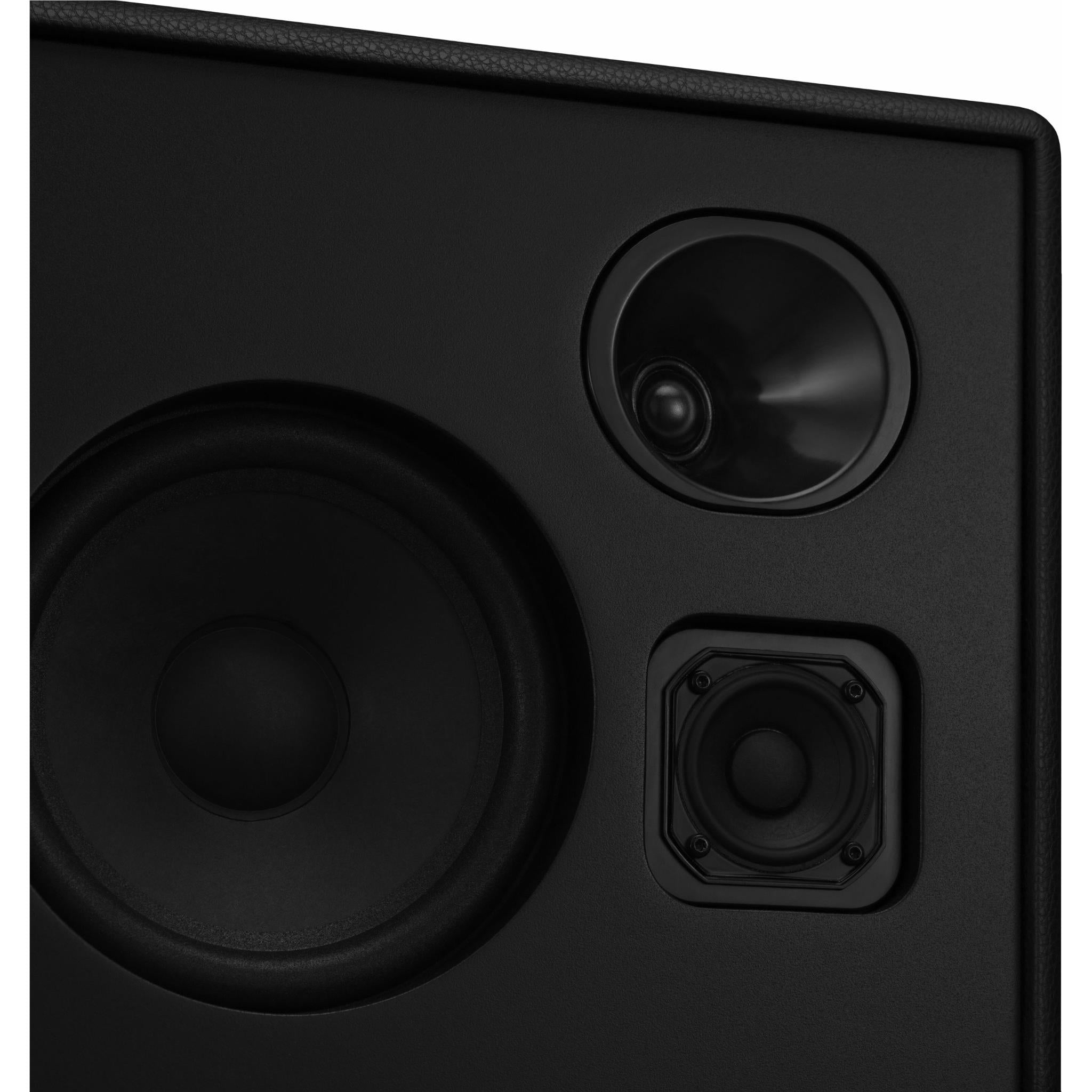 Close-up of black speaker rear drivers and speaker ports