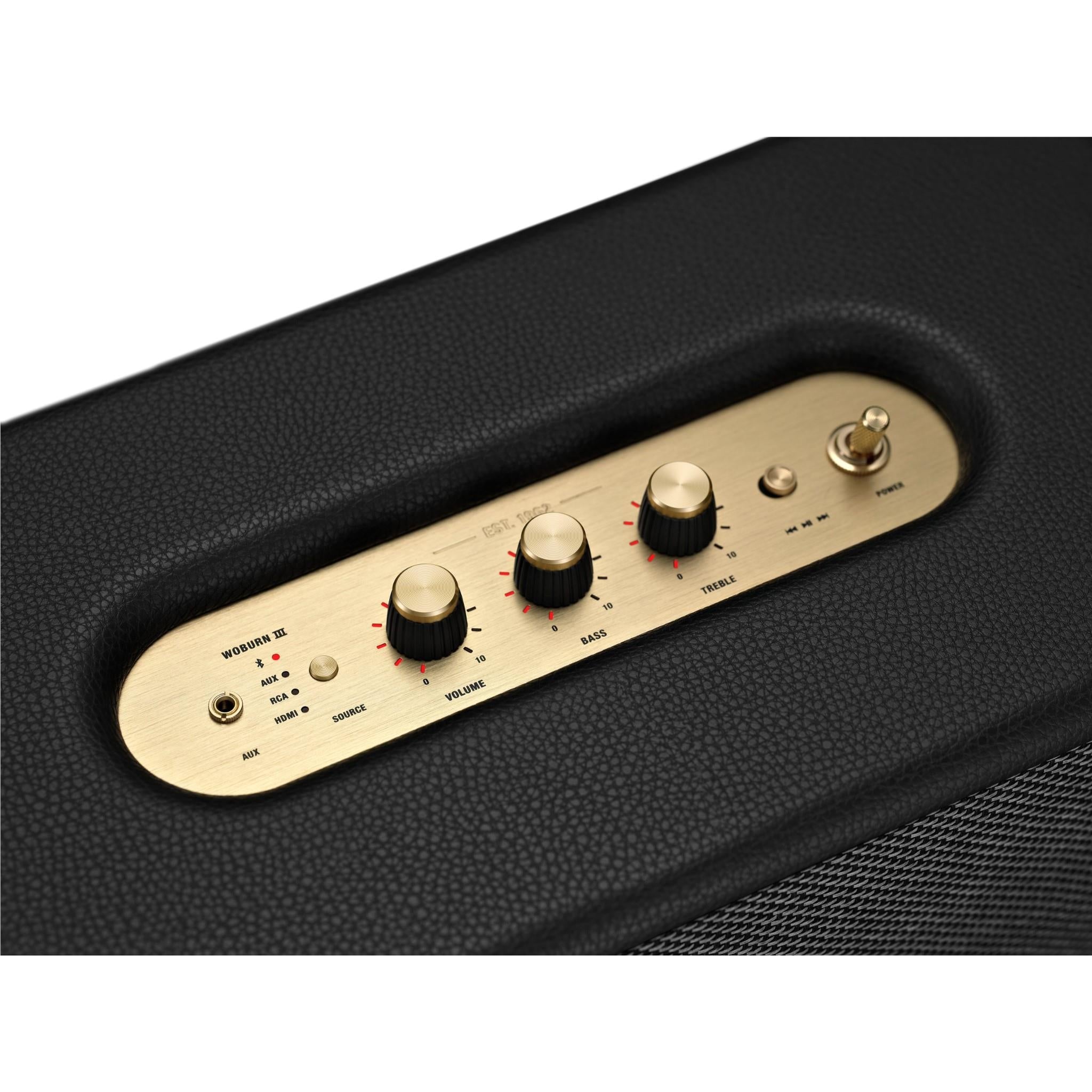 Close-up of gold top control panel with knobs on a black speaker