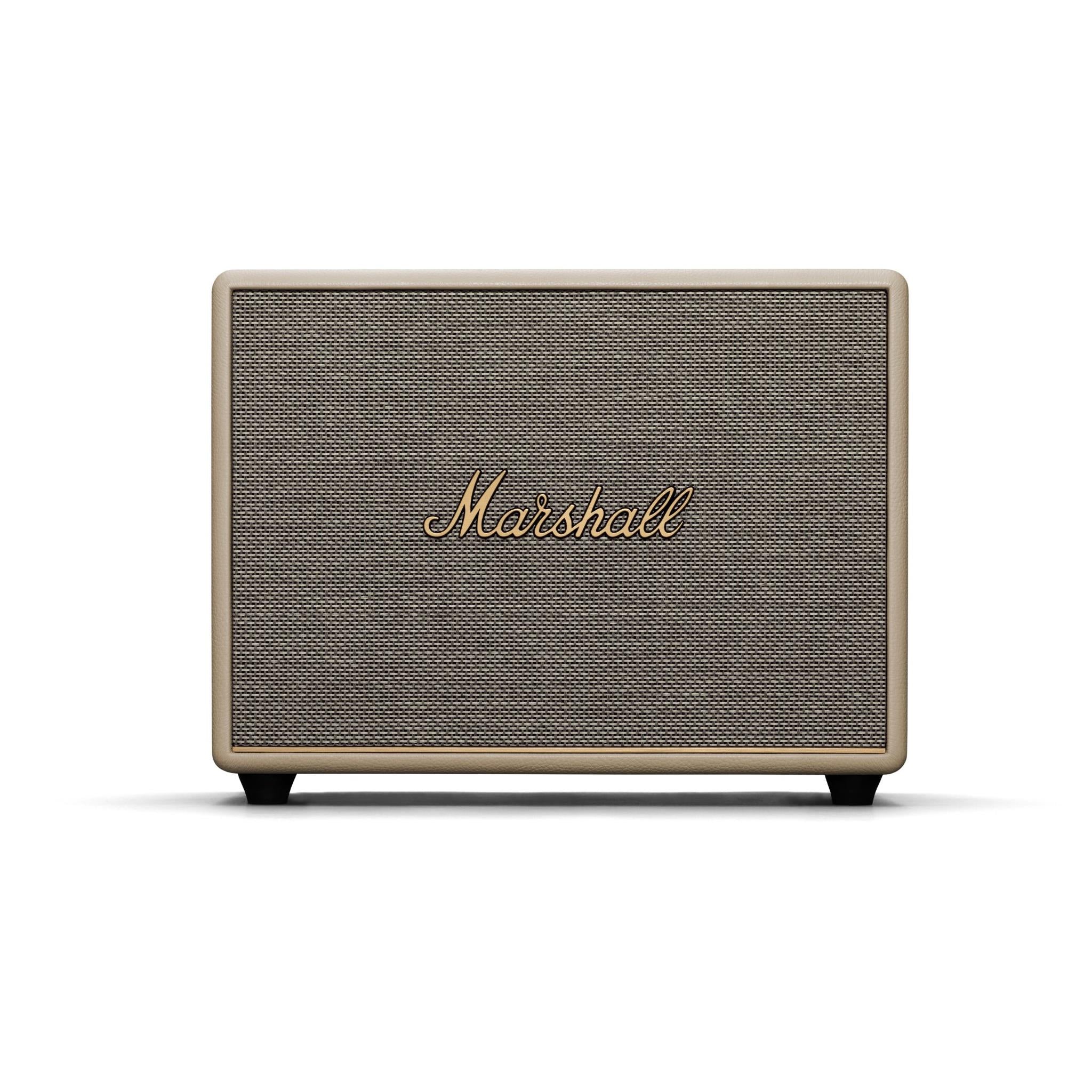 Cream fabric Bluetooth speaker with front grille and Marshall logo