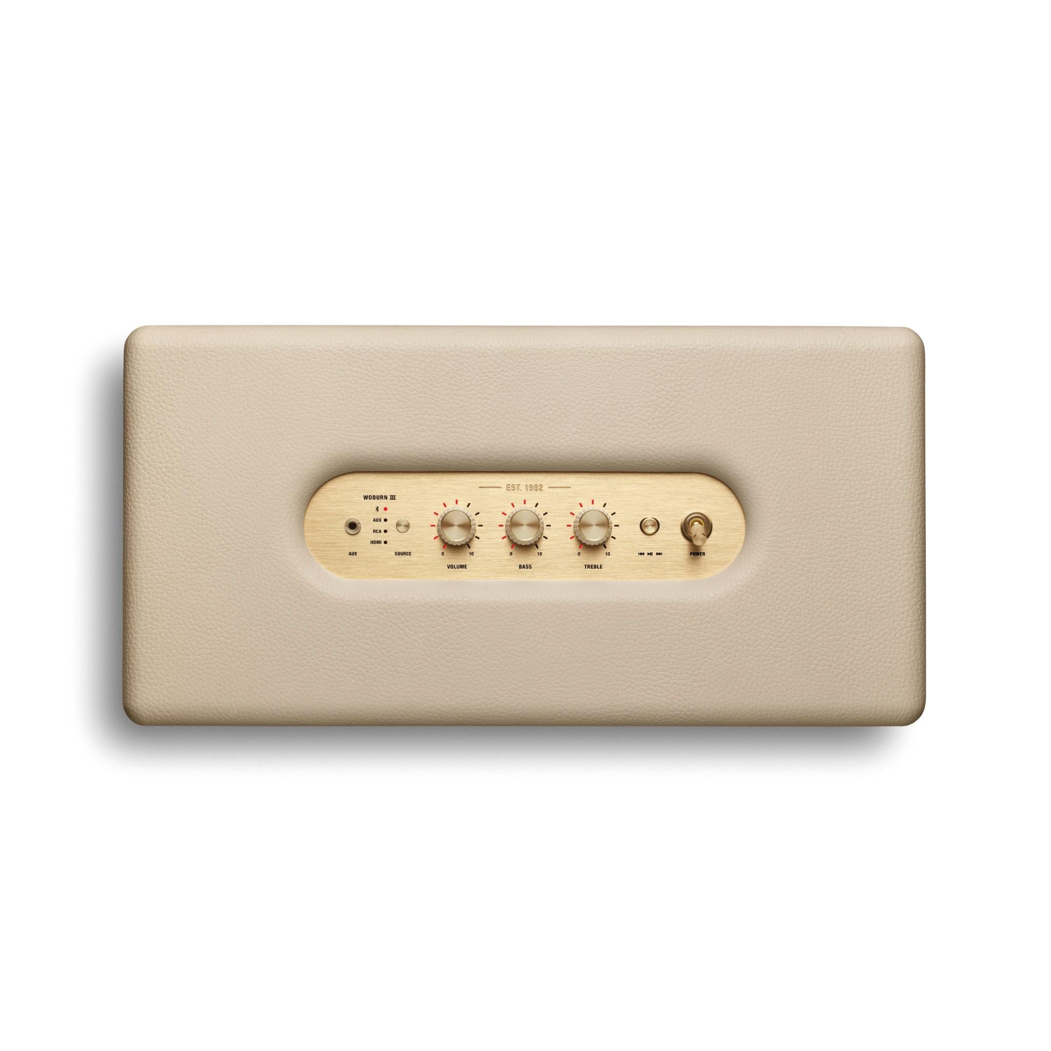 Cream rear Bluetooth speaker with built-in control panel
