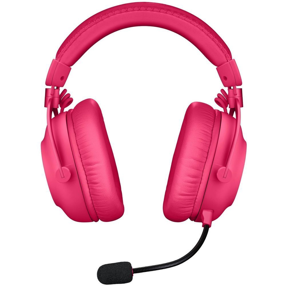 Magenta wireless gaming headset with padded headband, over-ear cups, and boom mic