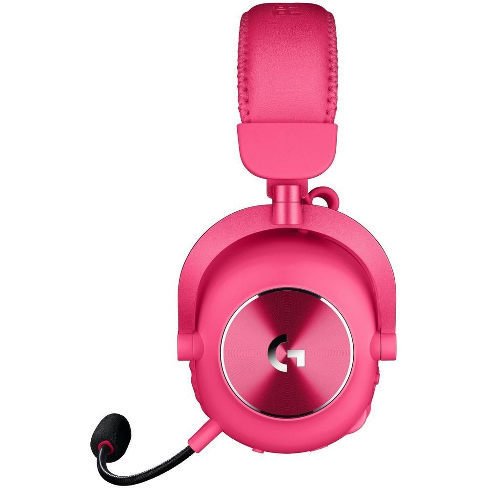 Magenta wireless gaming headset with circular earcup logo and attached boom microphone