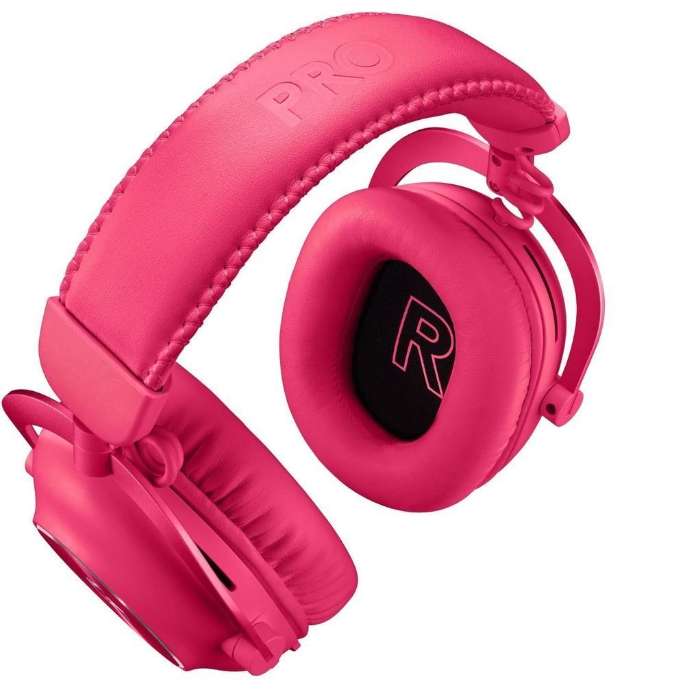 Magenta wireless gaming headset with cushioned earcups and PRO-R headband text