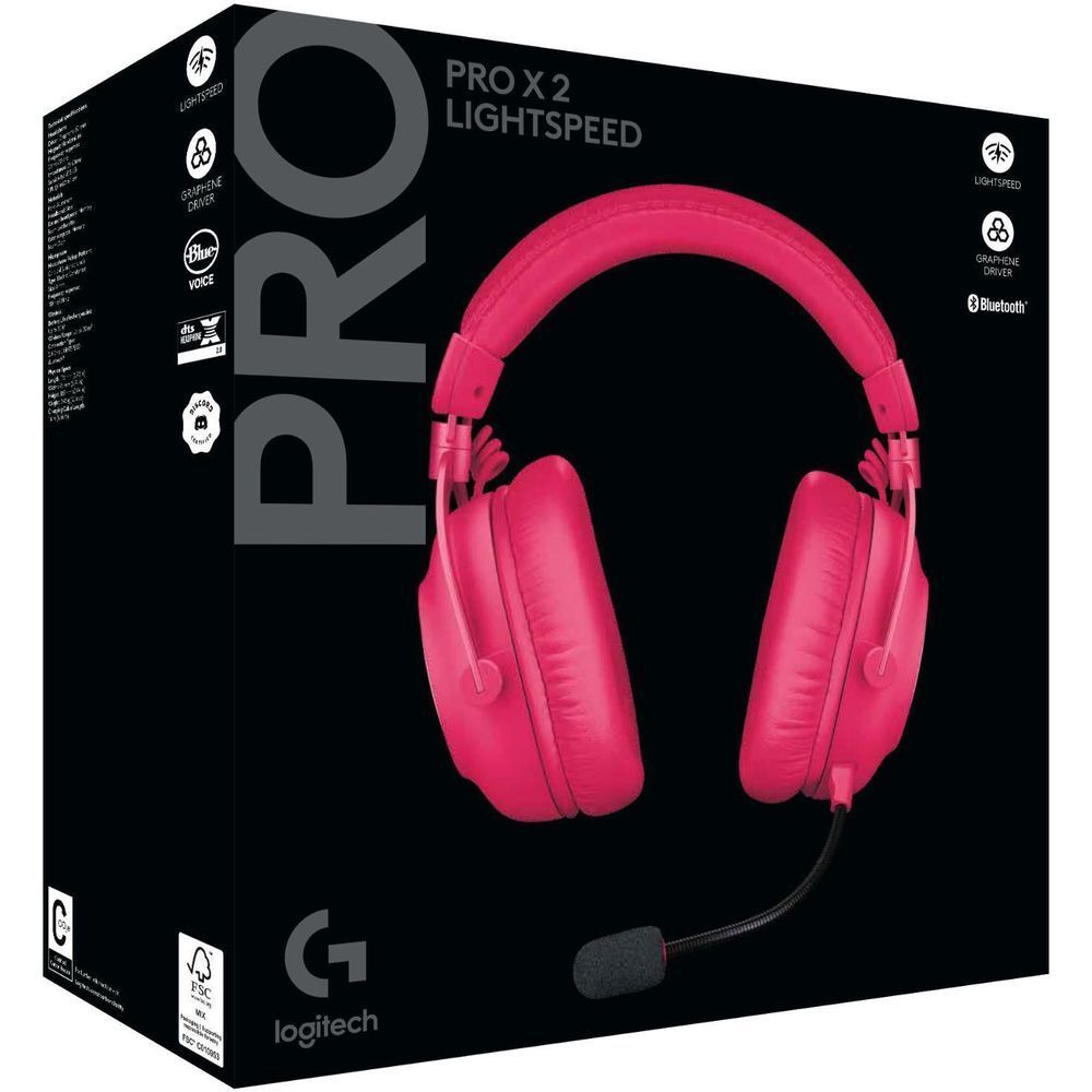 Magenta wireless gaming headset retail box with over-ear headphones and boom mic