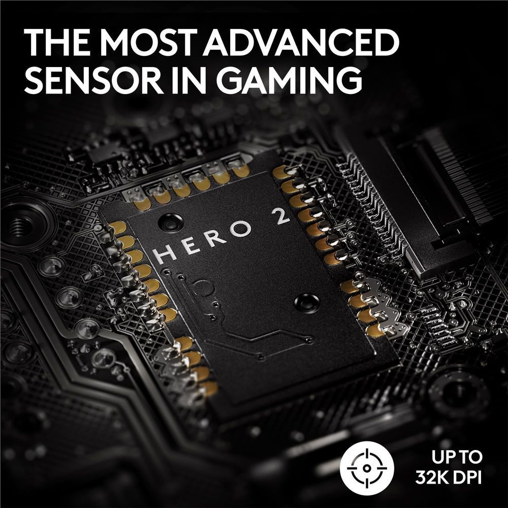 Gaming mouse sensor chip detail with HERO text on the circuit board