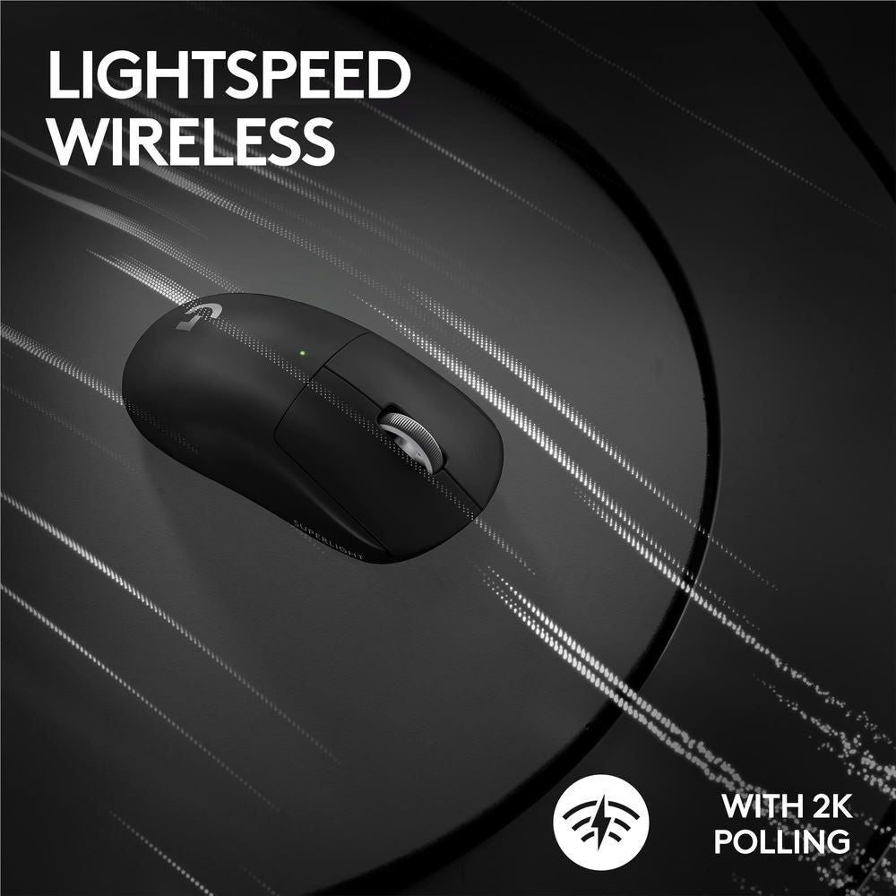 Black wireless gaming mouse with green status light and side grip