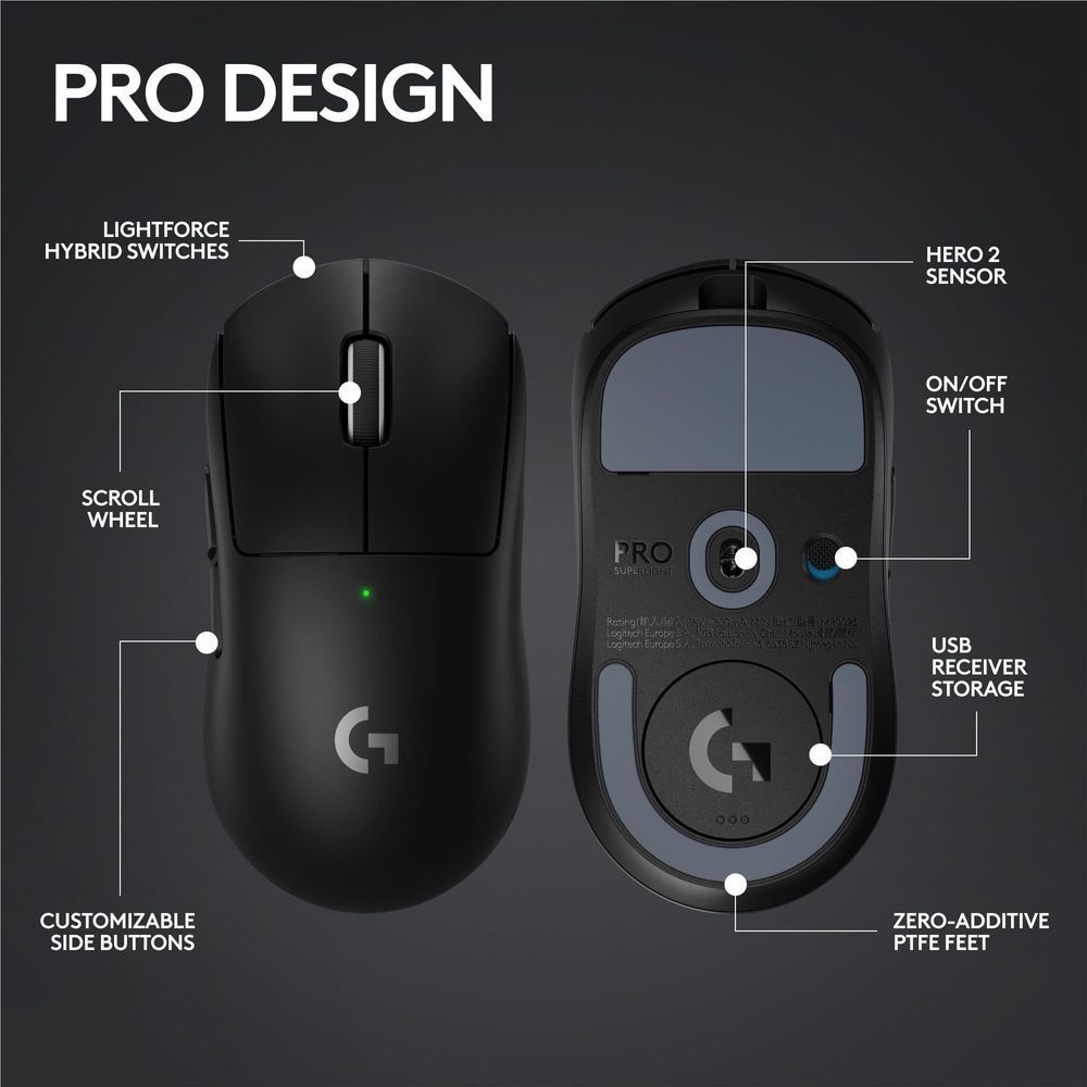 Black gaming mouse top and underside features with scroll wheel and buttons