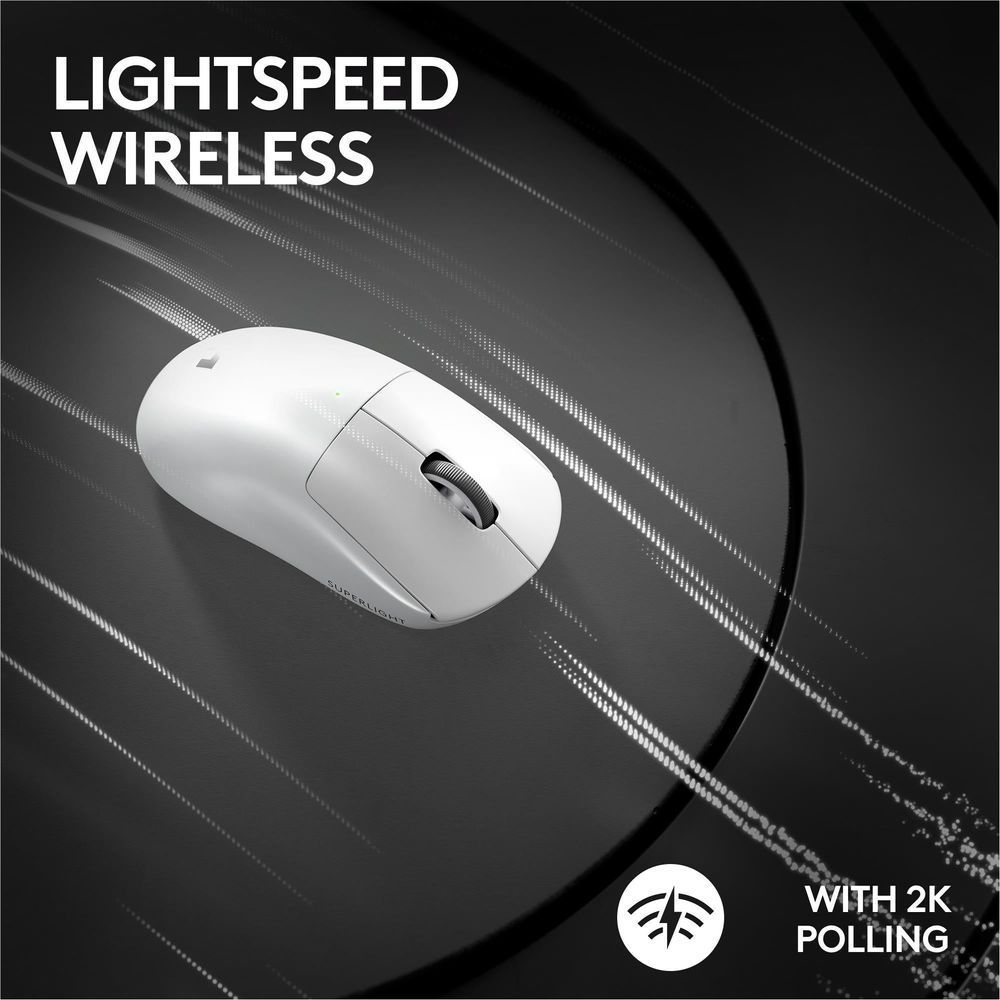 White wireless gaming mouse top view with speed lines and scroll wheel