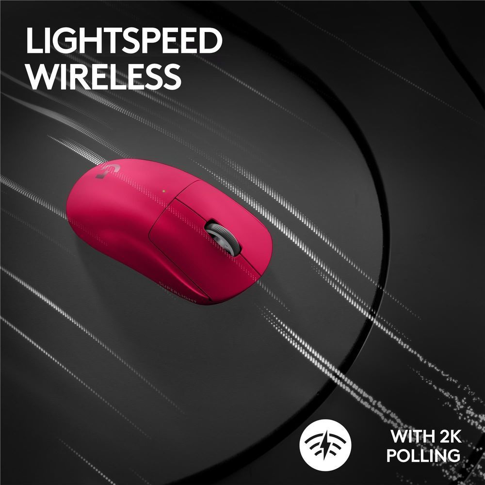 Magenta wireless gaming mouse with tracking motion lines and 2K polling icon