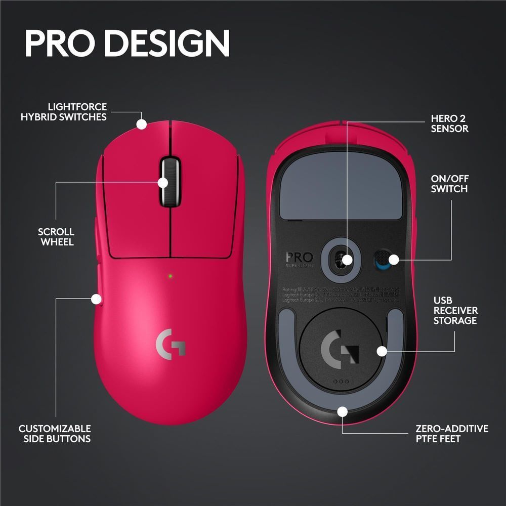Magenta wireless gaming mouse parts diagram showing buttons and underside features