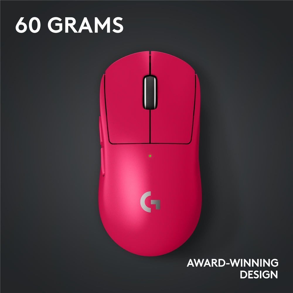 Magenta wireless gaming mouse shown as 60 grams, centered scroll and logo