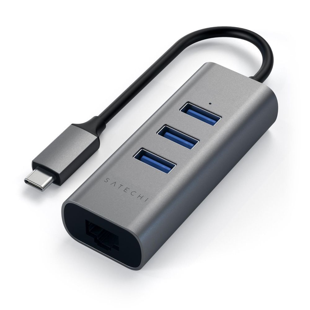 SATECHI USB-C hub with 3 blue USB3.0 ports and Ethernet, angled with USB-C cable