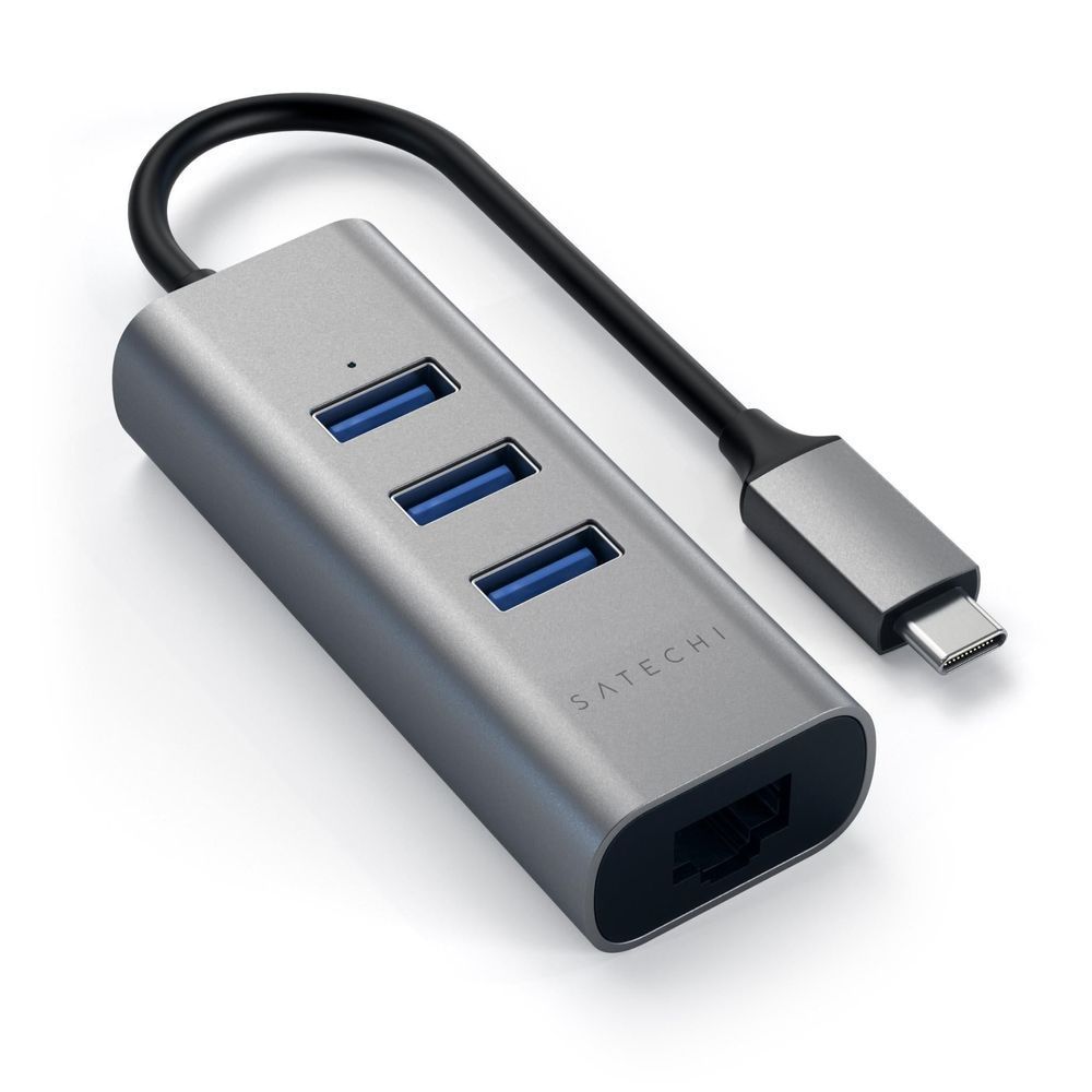 SATECHI USB-C hub showing 3 blue USB3.0 ports and Ethernet, side connector view