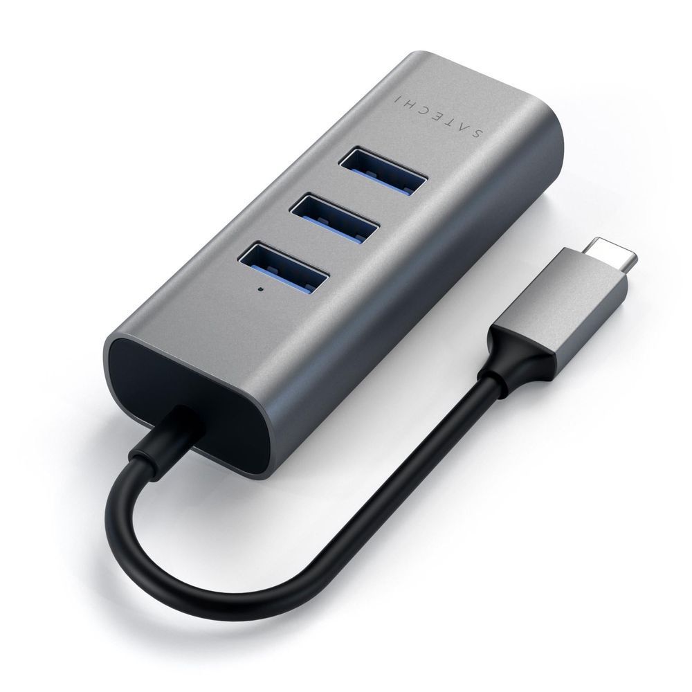 SATECHI USB-C hub with 3 blue USB3.0 ports and Ethernet, USB-C end and cable