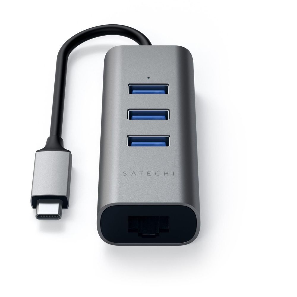 SATECHI USB-C hub front view: 3 blue USB3.0 ports and Ethernet jack