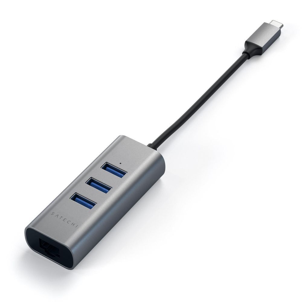 SATECHI USB-C hub with 3 blue USB3.0 ports and Ethernet, cable extended