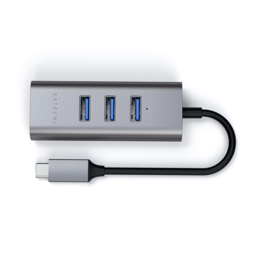 SATECHI USB-C hub top view with 3 blue USB3.0 ports and Ethernet opening
