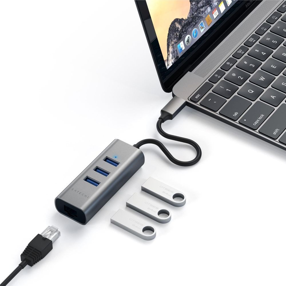 SATECHI USB-C hub with Ethernet and 3 blue USB ports, plus included accessories