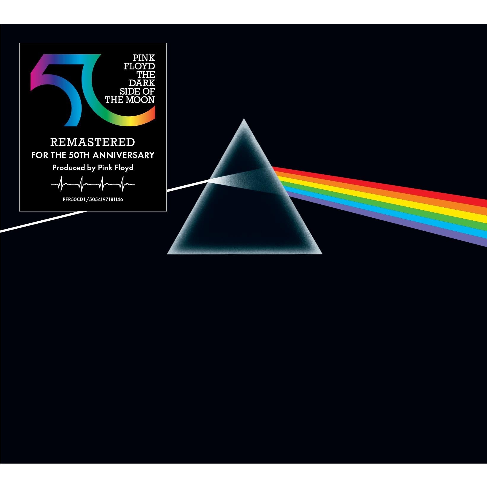 Pink Floyd Dark Side of the Moon 50th anniversary CD cover with prism and rainbow
