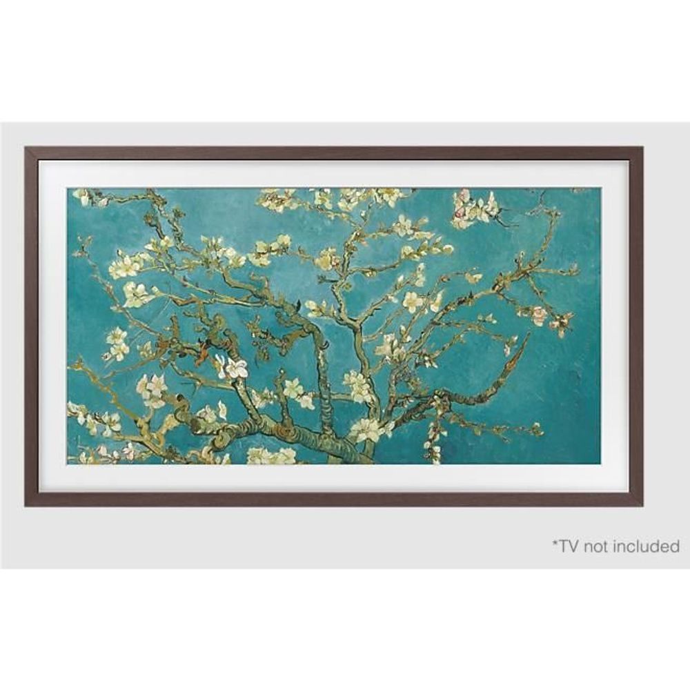 Brown bezel frame with white mat opening and landscape artwork display
