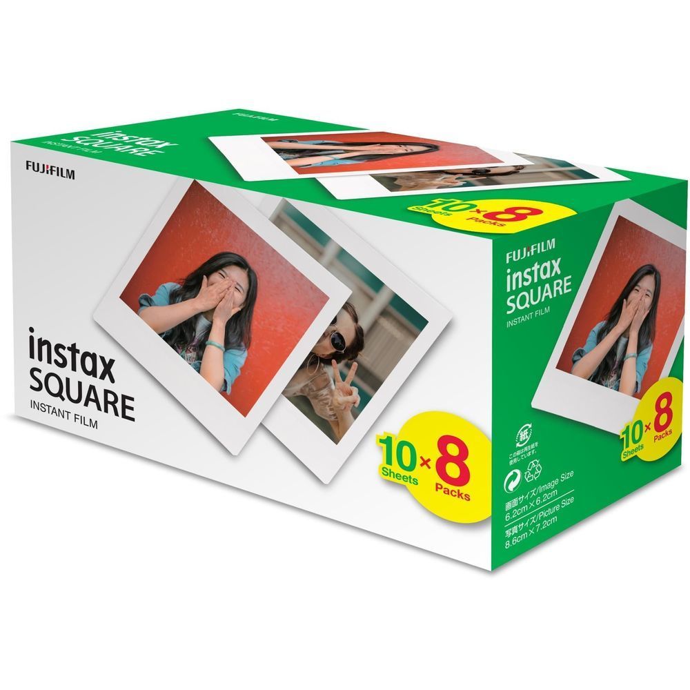 Fujifilm instax SQUARE instant photo film pack, green box with sample square prints