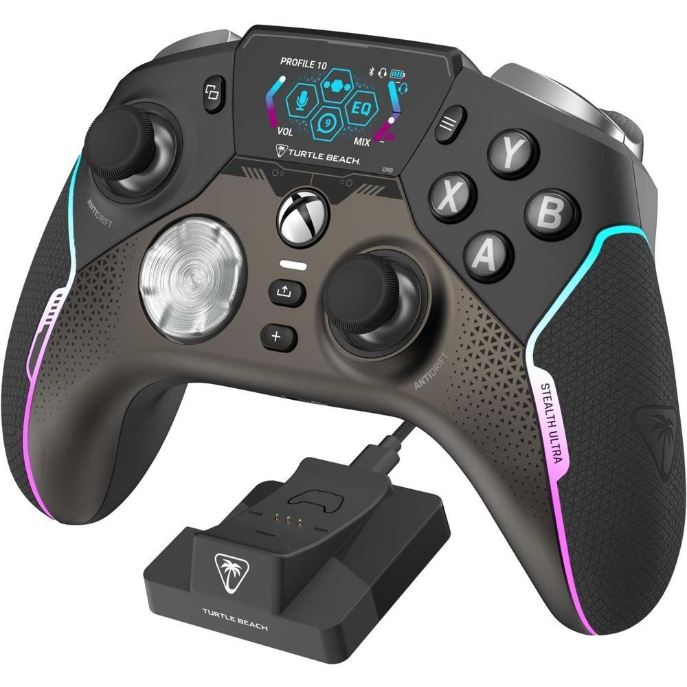Wireless Xbox game controller with charging dock, black shell and colored side accents