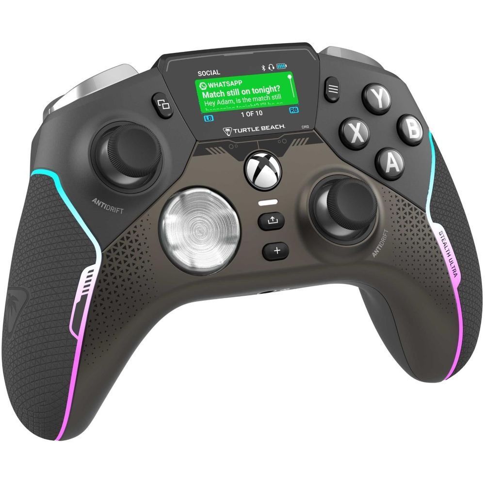 Wireless Xbox game controller, black with blue trim and purple side stripe, back display on