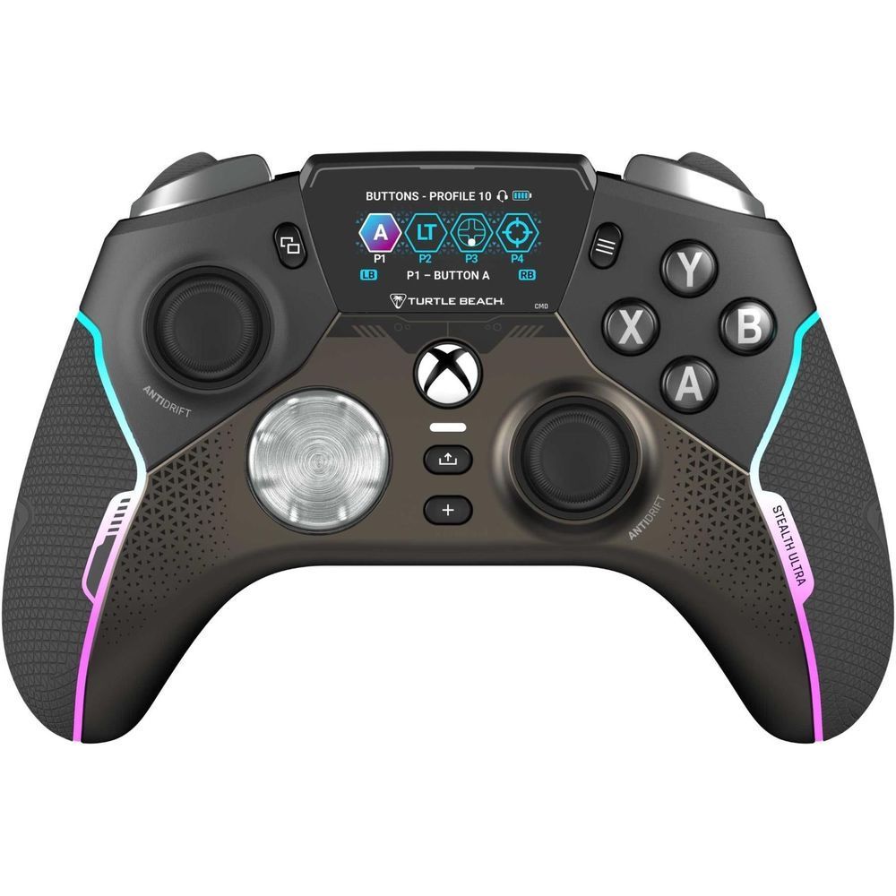 Wireless Xbox game controller with profile screen, black body and blue/purple accent trim
