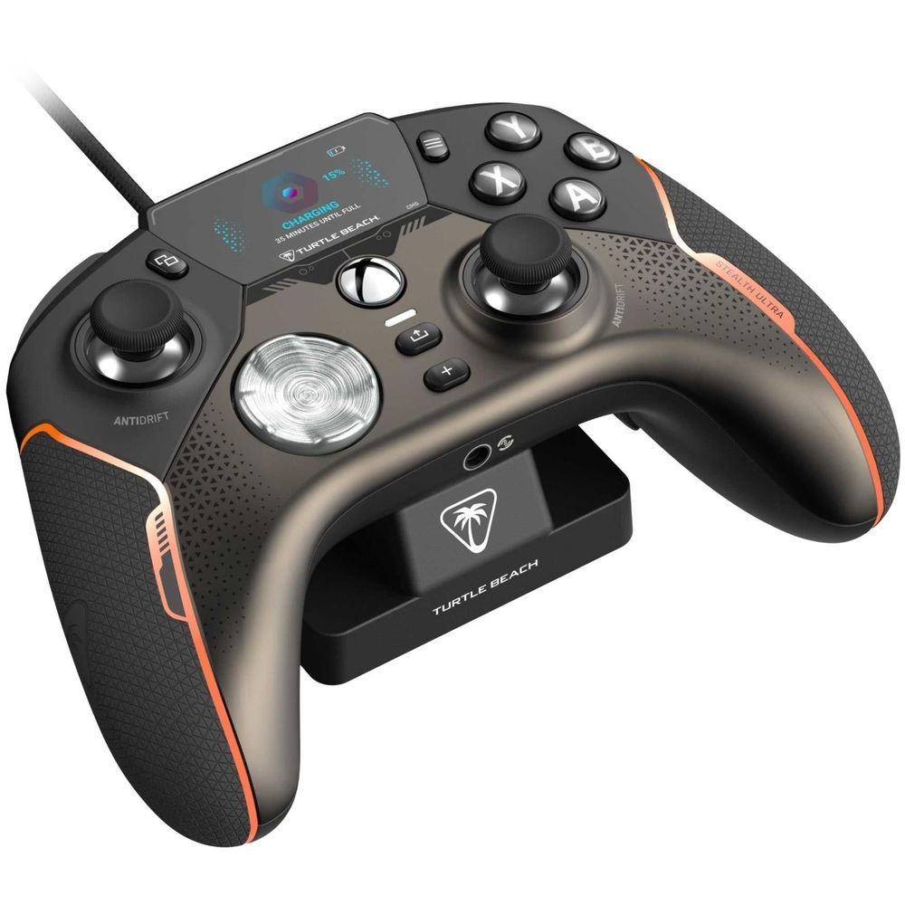 Wireless Xbox game controller with dock and cable, black body, blue and orange accent lines
