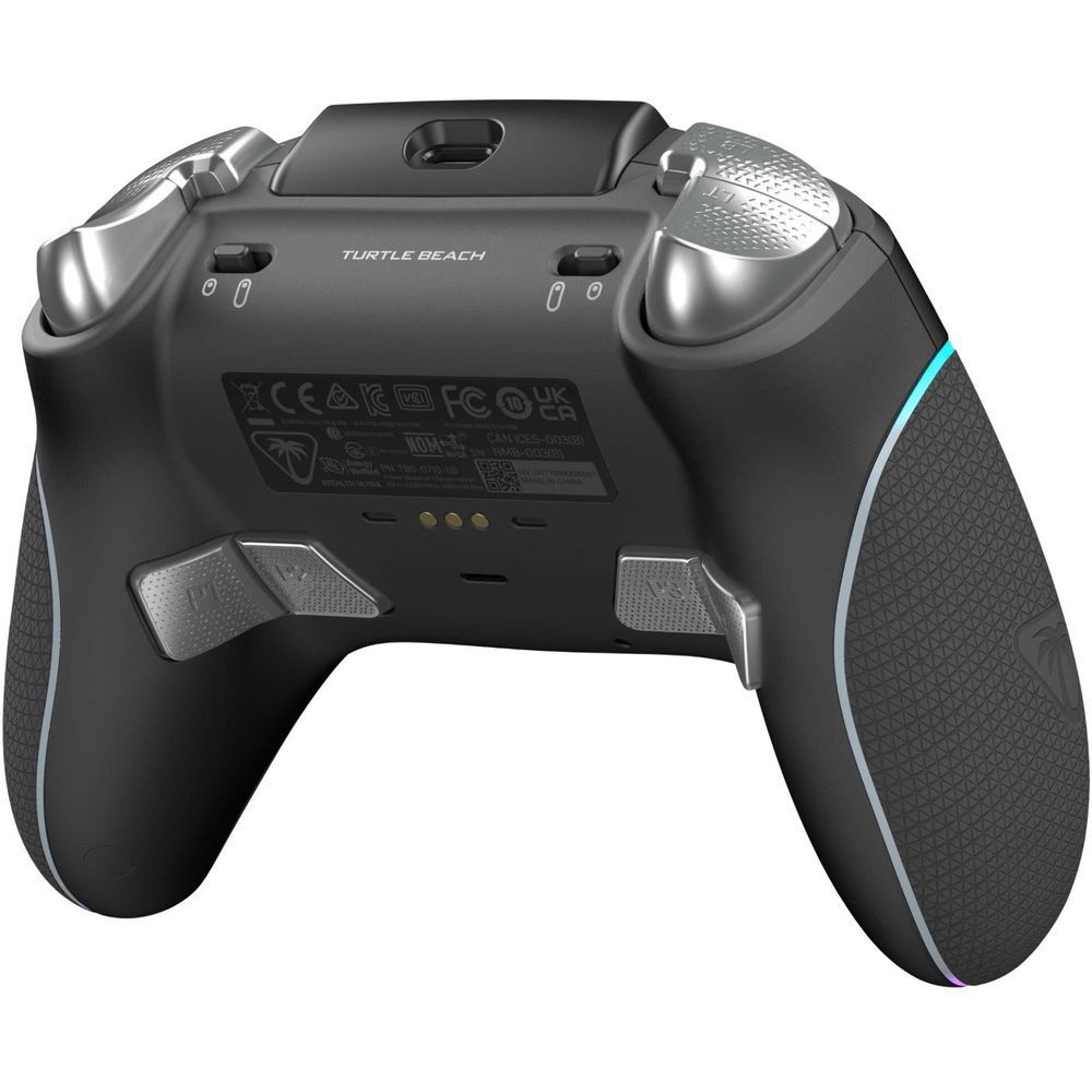 Wireless Xbox controller back view, matte black shell with textured grip panels