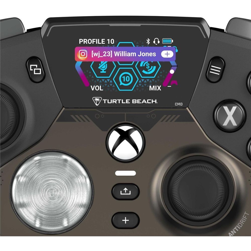Wireless Xbox controller with close-up of profile display screen and metal-like trigger buttons