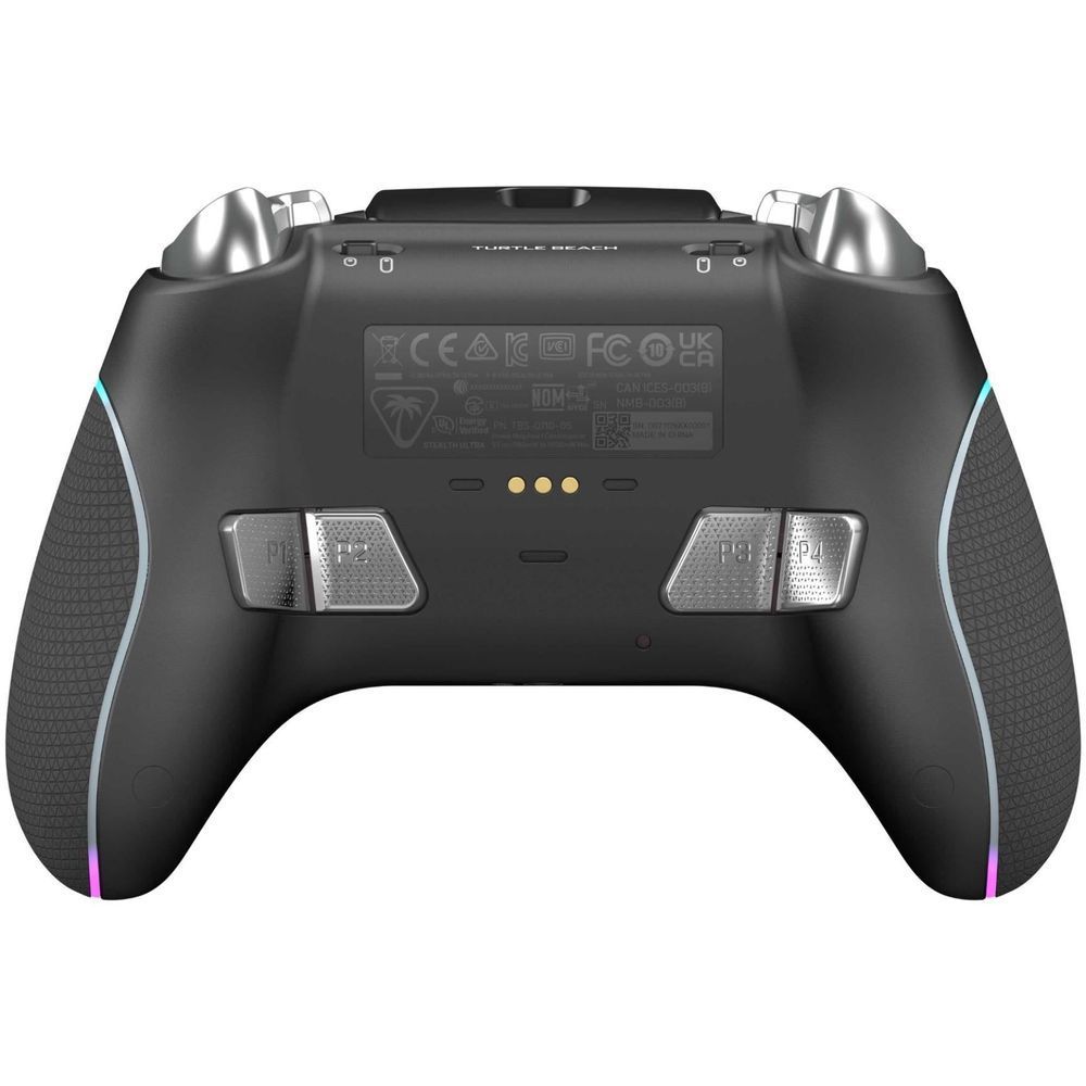 Wireless Xbox controller back view, black housing with textured grips and small indicator LEDs