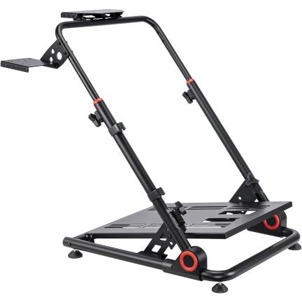 Foldable simulator stand with black frame, red accents, and foot pedal platform