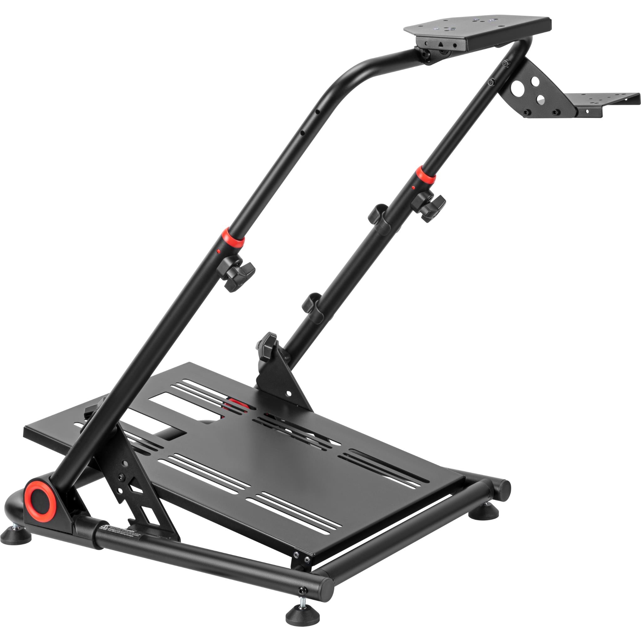 Foldable simulator stand in open position with black pedal decks and red accents