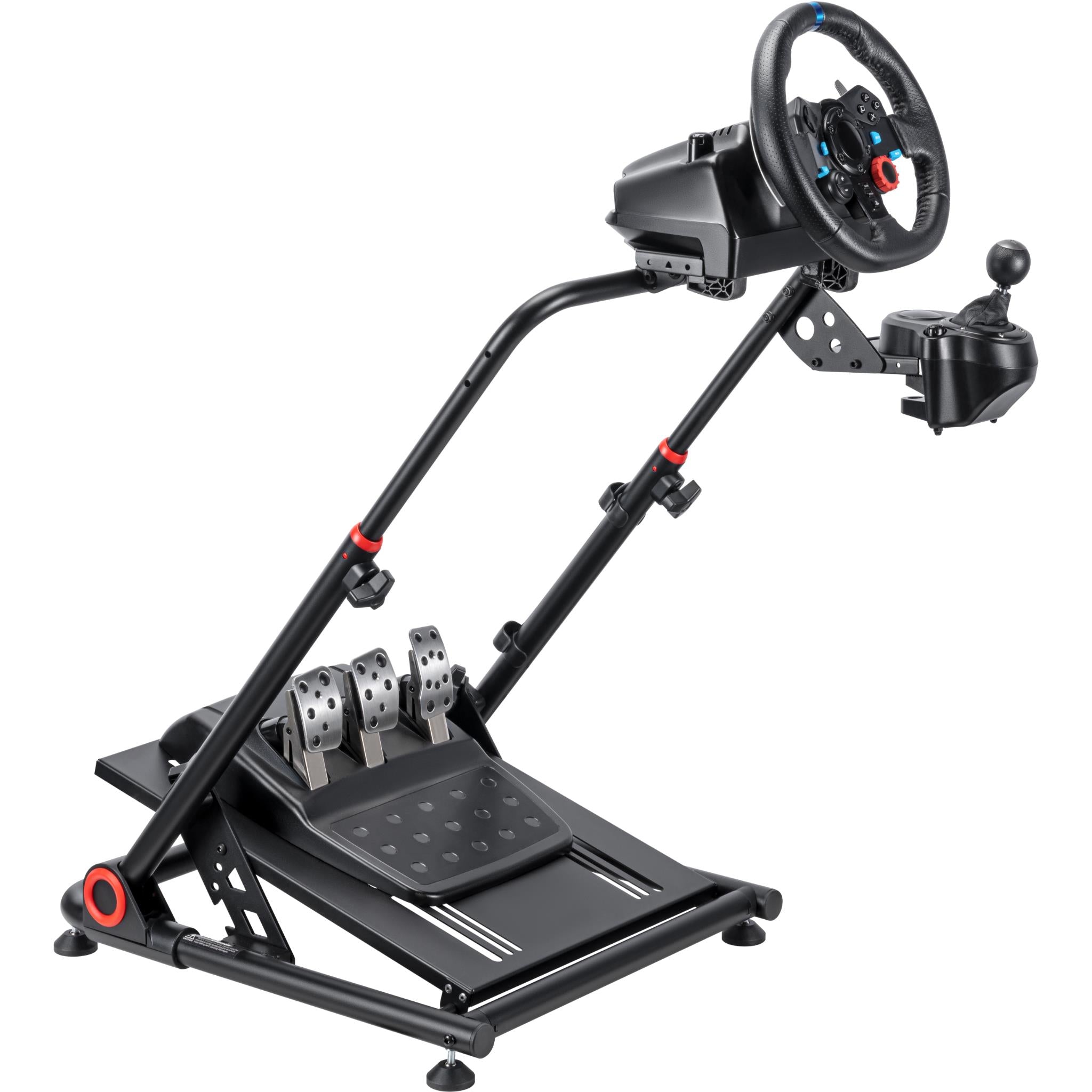 Racing wheel mount simulator stand with black frame, red accents, and pedal plate