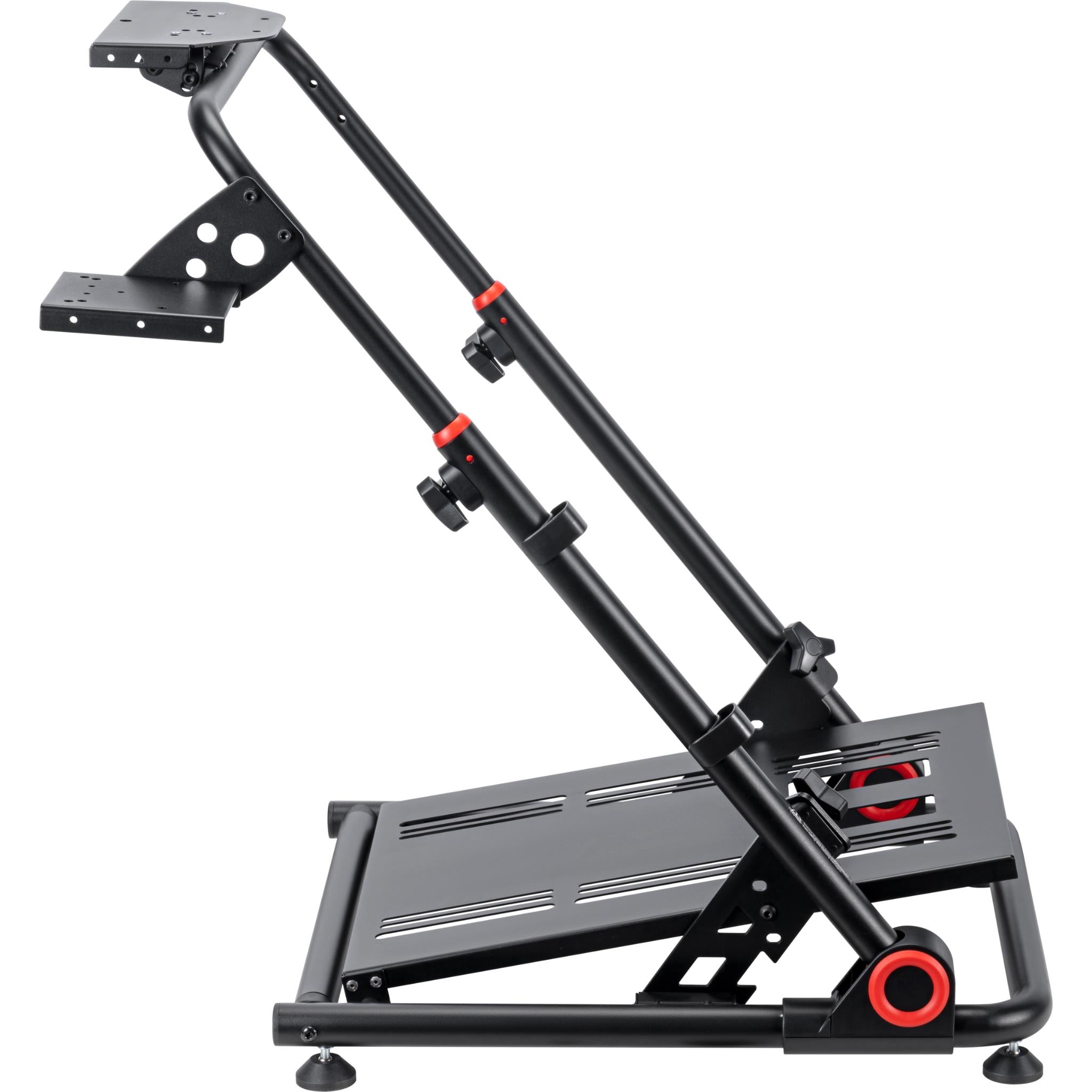 Simulator stand frame detail with pedal deck and red-ring adjustment collars