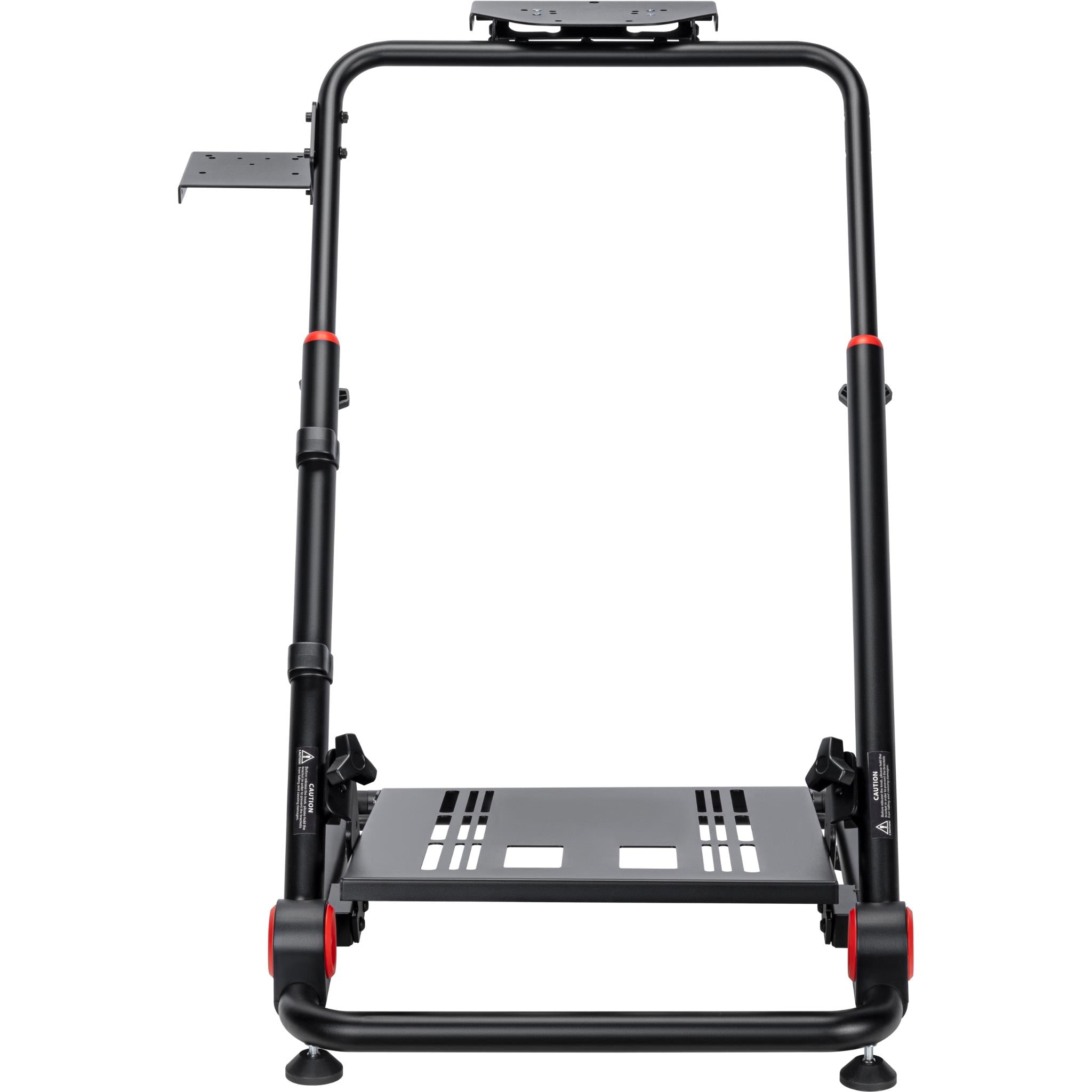 Foldable simulator stand front view with raised support frame and black pedal base
