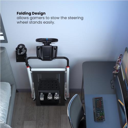 Folded simulator stand with wheel mount and pedal deck, black frame and red accents