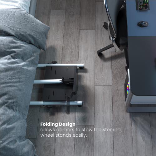 Folding simulator stand with dual pedal platforms and black frame, red-ring accents