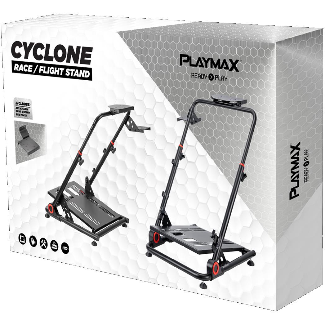 Playmax Cyclone racing and flight stand retail box with foldable stand artwork