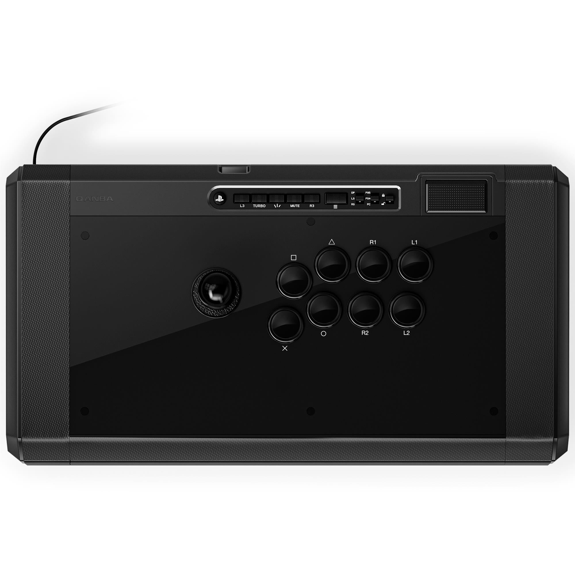 Wired fight stick with joystick and circular button layout on dark faceplate