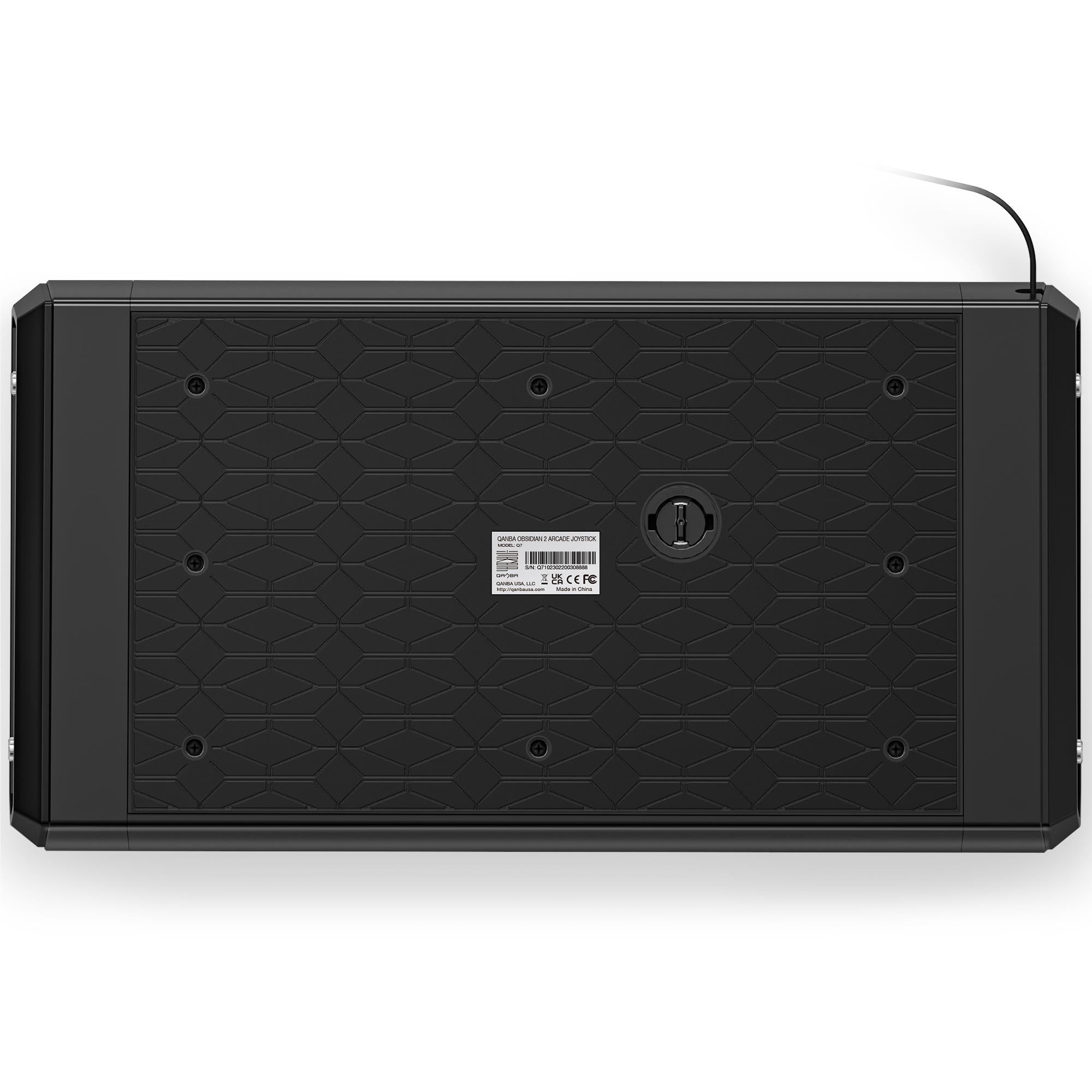 Wired fight stick back panel with label and power/connection port area