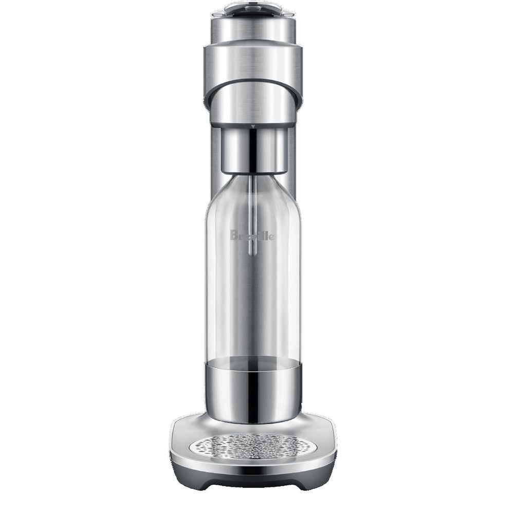 Brushed stainless sparkling beverage maker with empty glass bottle and circular drip tray