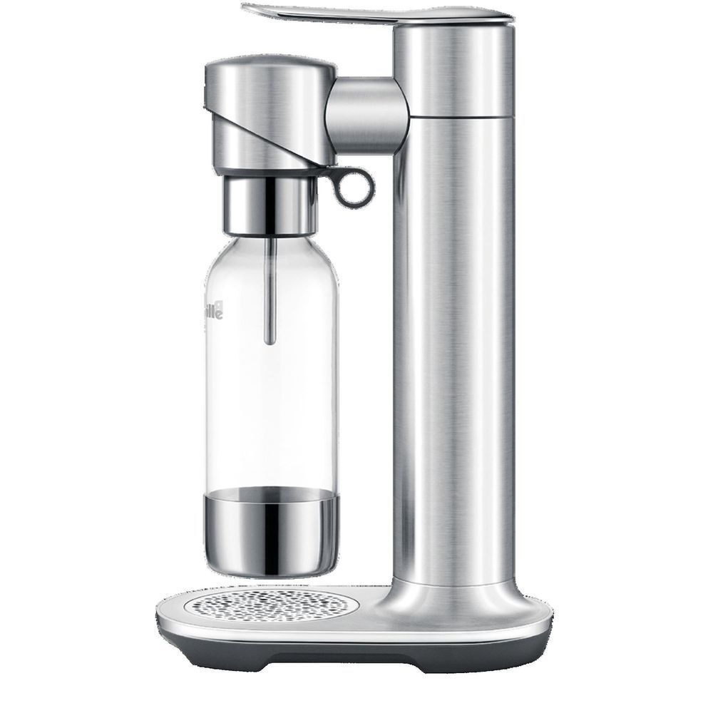 Brushed stainless sparkling beverage maker with bottle, side nozzle, and perforated drip plate