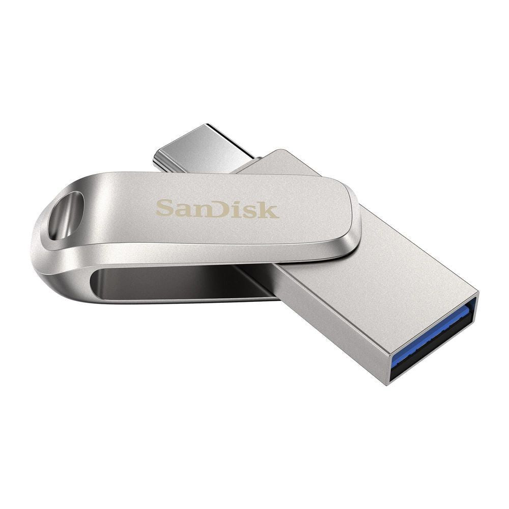 SanDisk Ultra dual-drive flash drive with USB-A and USB-C, silver metal, blue insert